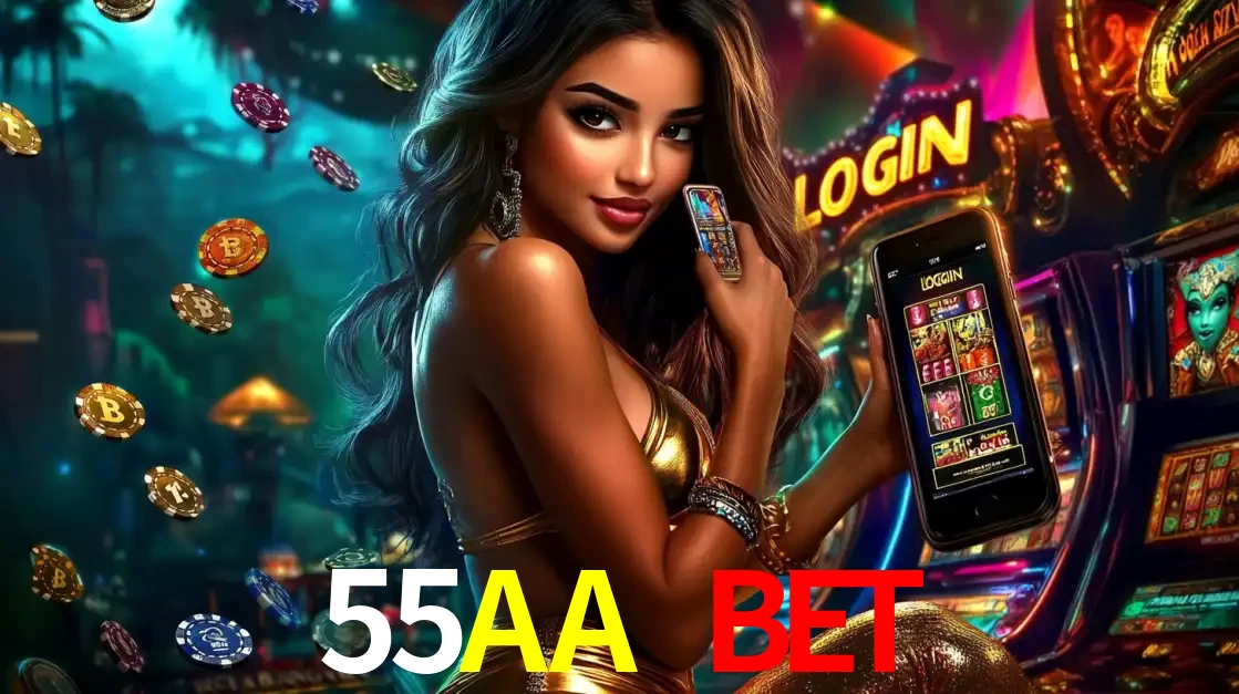 Mulher em um cenário de cassino temático de aventura, mostrando o app de caça-níqueis da 55AA BET no celular. Fichas de apostas flutuam ao redor.