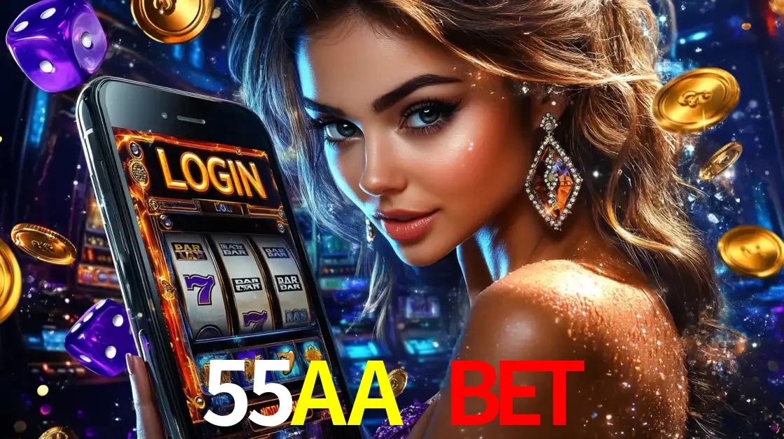 Mulher glamorosa segurando um smartphone com a tela de login para os jogos de caça-níqueis do cassino online 55AA BET, com moedas de ouro e dados ao redor.